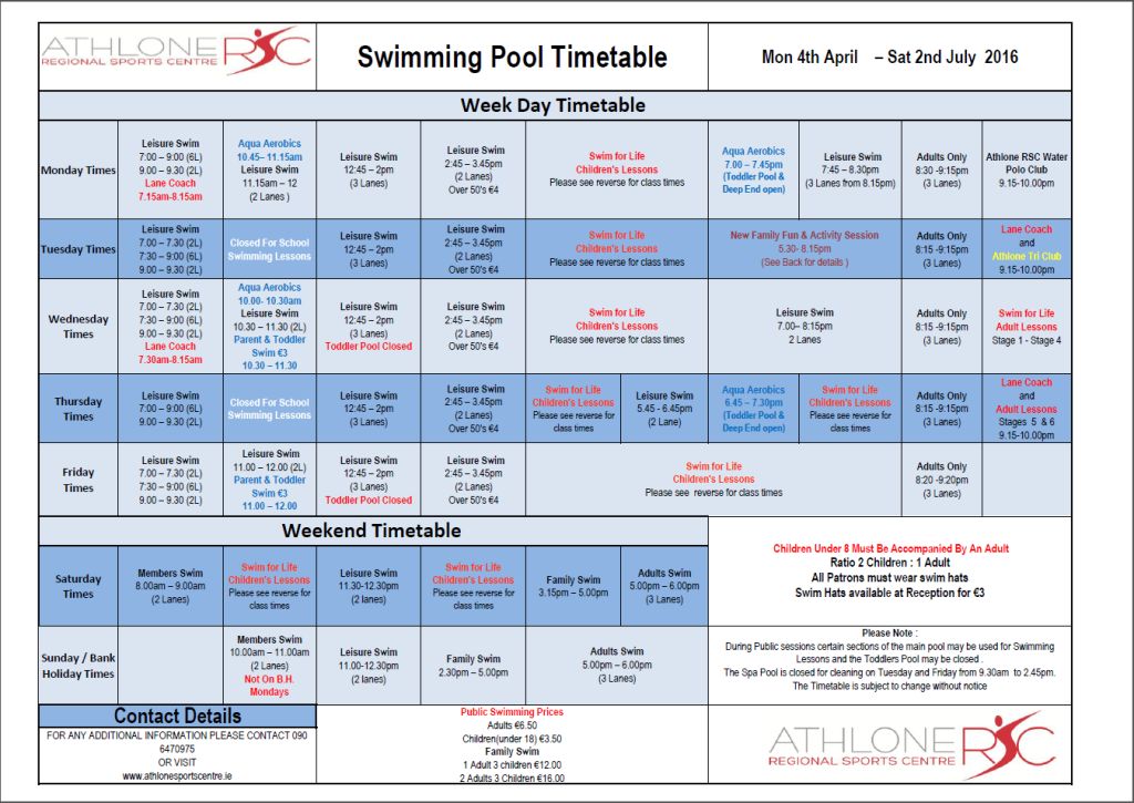 Uploadable April Swimming Pool Timetable 2016